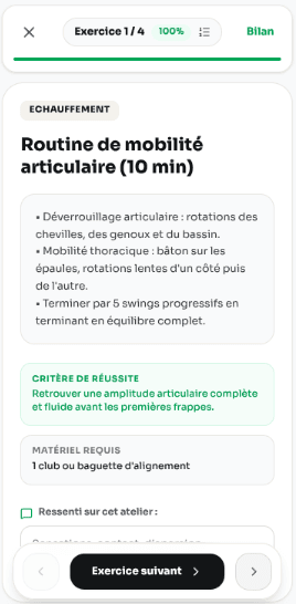 Planning d'entraînement mobile de l'élève